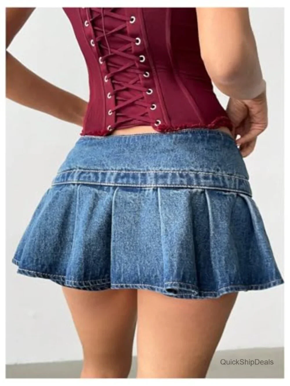 Y2K Low Rise Pleated Mini Denim Skirt with Buckle Belt